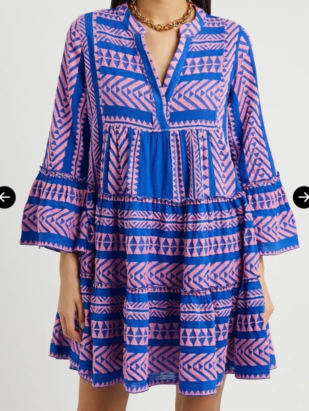 Devotion TWINS Blue Pink Geometric Woven Tier Bell Sleeve Mini Dress Medium - Picture 2 of 12